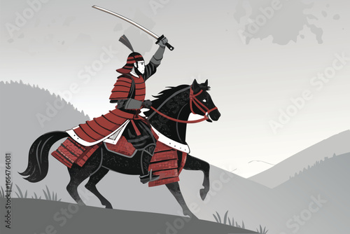 Samurai warrior on horseback, katana raised.