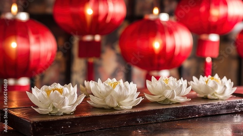 White lotus flowers glow under red lanterns at night