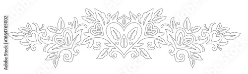 Floral coloring book art with foliage and heart