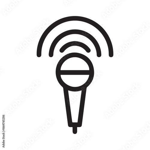 Simple outline icon of a microphone emitting sound waves representing audio broadcasting and live performance