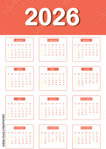 Monthly calendar layout for  Year 2026 . Diary planner for Year 2026 . Week Starts on Sunday.  