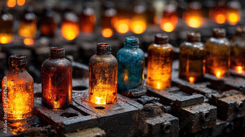 custom made wallpaper toronto digitalColorful Glass Bottles Glowing in a Vintage Factory Setting