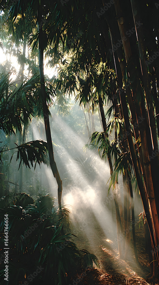 Naklejka premium Sunlight streams through a dense forest of tall trees and lush vegetation.