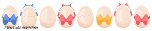 Set of light-colored chicken eggs in different variations. Vector isolated objects, whole, cracked, in headphones, surprise with bow. Symbol of birth, expectation of miracle. Set for festive design