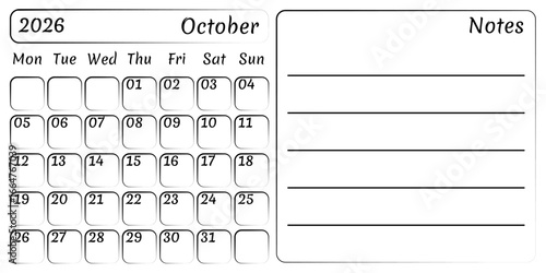 Visual calendar for the autumn month of October 2026 place for copying. Vector, convenient template of an isolated monthly calendar in a flat style. The ability to add reminders, notes, plans, habits