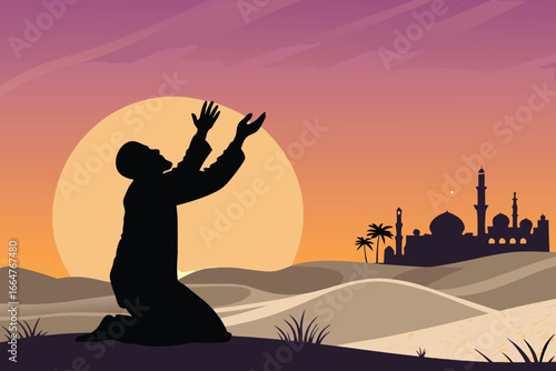 Muslim man praying, hands raised in silhouette.