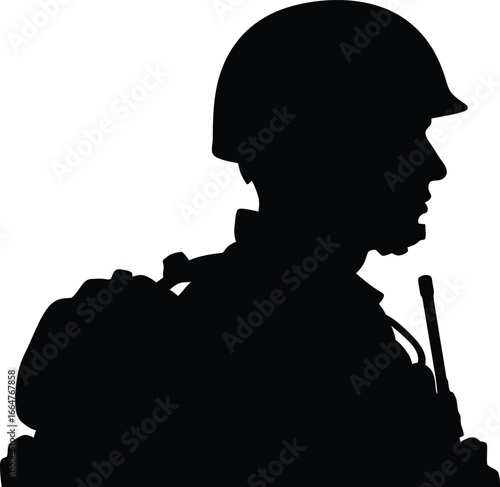 Silhouette of soldier in combat helmet with radio communication vector