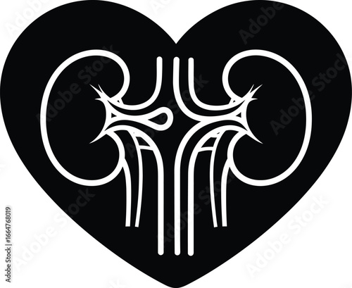 Heart shaped kidney anatomy symbol for renal health and medical science vector
