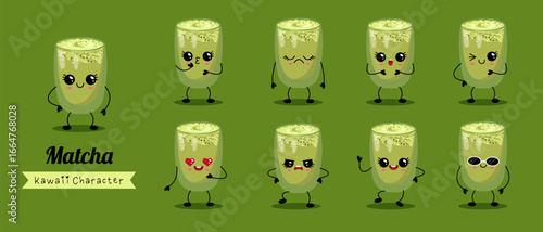Cute matcha glass kawaii character set with emotions