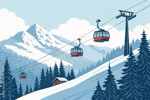 Snowy mountain ski resort with cable cars in motion.