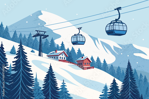 Snowy mountain ski resort with cable cars ascending.