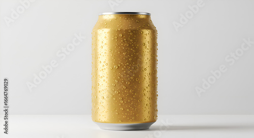 Golden metallic can against neutral background for branding or packaging design
