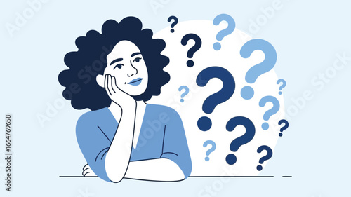 Thoughtful woman surrounded by question marks in conceptual illustration symbolizing curiosity, decision-making, and uncertainty