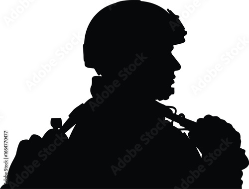 Silhouette of soldier in tactical gear with helmet and backpack ready for duty vector