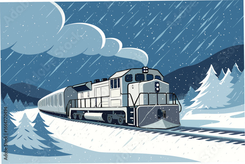 Snow train boldly plows through a winter storm.