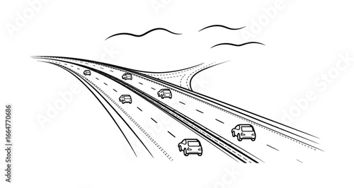 Highway illustration in stylized line art showing cars in motion symbolizing transportation, infrastructure, travel, and mobility