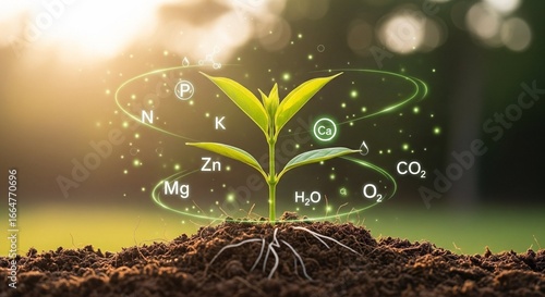 Sunlit plants accompanied by digital icons representing mineral nutrients. Highlighting fertilization and the essential function of nutrients in plant development