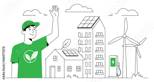 Eco-friendly lifestyle illustration with solar panels, wind turbines, and green energy advocate promoting sustainability and clean technology