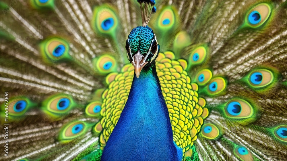Obraz premium Close-up shot of peacock tail with eyespot patterns during courtship, showing fine details, vibrant textures, and exotic bird charm