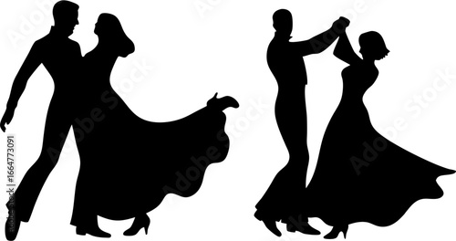 Silhouettes of two couples gracefully ballroom dancing in elegant attire on a white background scene
