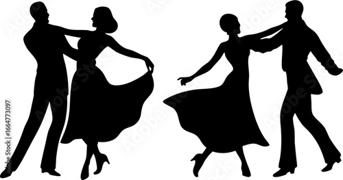 Silhouette of two couples in formal attire ballroom dancing on a white background in elegant poses