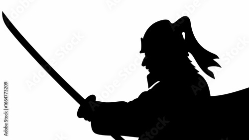 Silhouette of a samurai warrior holding a katana sword with a traditional helmet and ponytail facing left