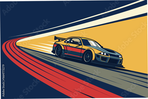 Stock car powerfully drifts around a sharp corner with bold outlines.