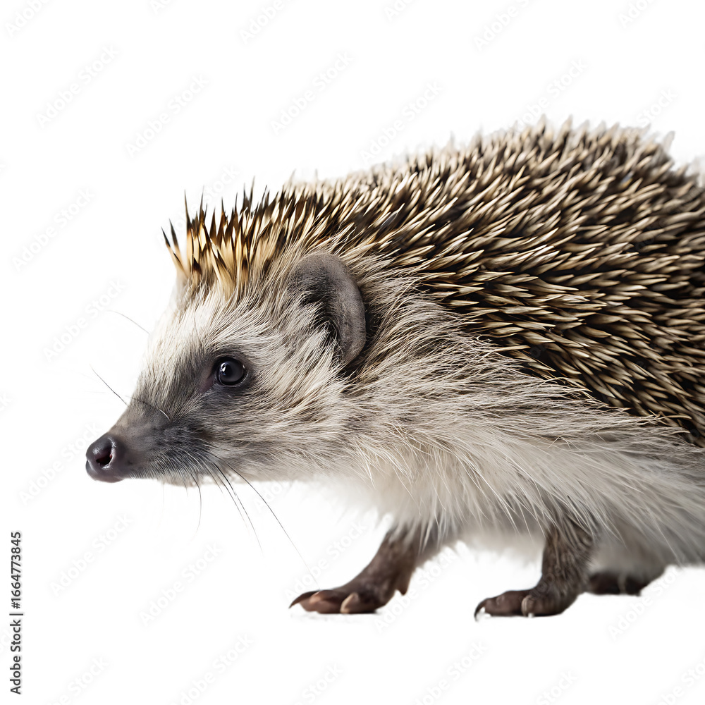 Obraz premium A curious hedgehog with sharp spines and alert eyes is captured in a detailed studio shot, isolated on a plain transparent background