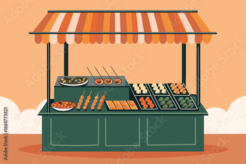 Vibrant street food stall offering grilled skewers and hot dishes.