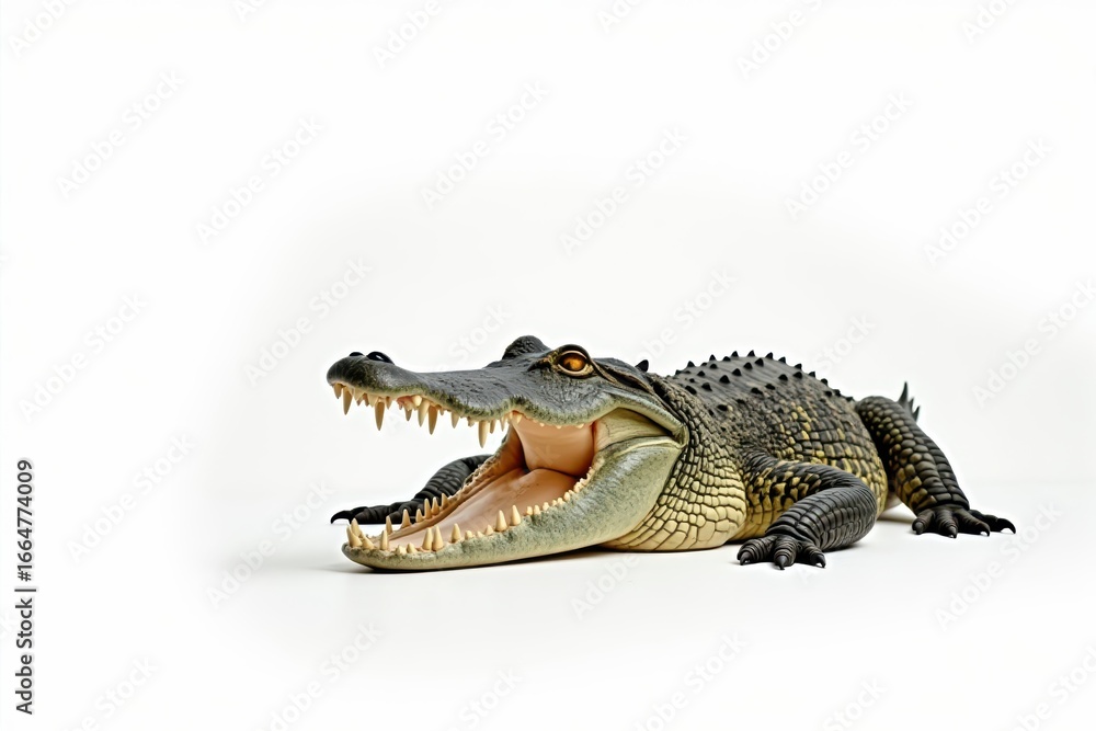 Fototapeta premium A large crocodile lies motionless on a pristine white background, its powerful jaws closed and eyes half-lidded in relaxation