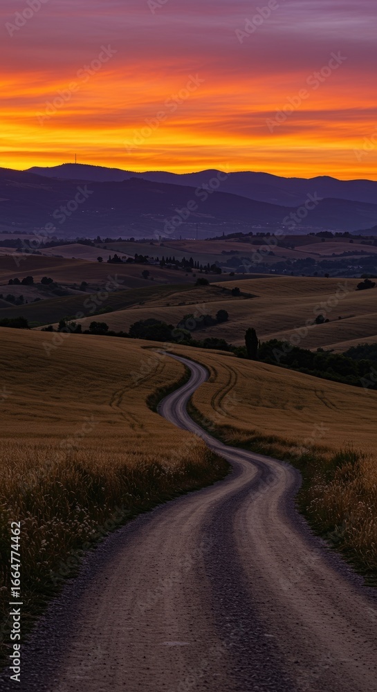 Naklejka premium Winding dirt road through golden fields at vibrant sunset