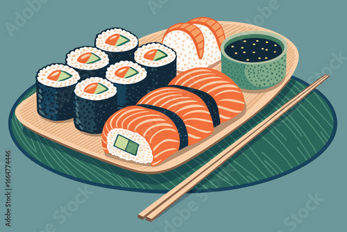 A vibrant sushi platter featuring nigiri, rolls, and chopsticks.