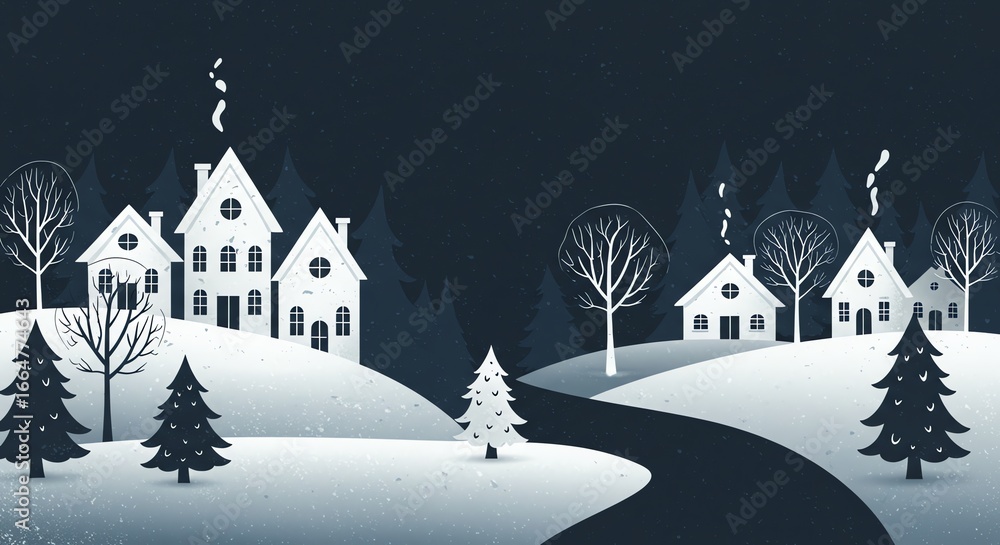 Fototapeta premium Snowy village landscape with winter houses
