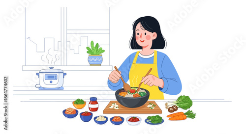 Woman making fresh colorful bibimbap in her bright kitchen