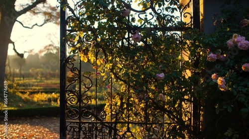 Ornate wrought iron garden gate covered in blooming roses at sunset