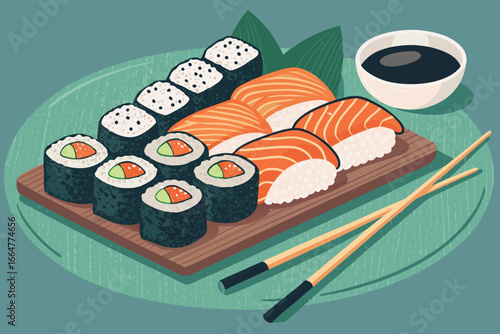 A vibrant sushi platter with nigiri, rolls, and chopsticks.