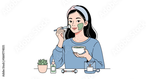 Relaxing spa day at home with face mask and skincare routine