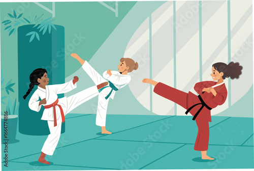 Children learning Taekwondo in a dedicated training hall.
