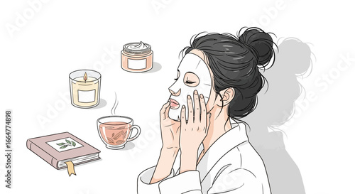 Serene woman enjoying skincare ritual with tea and candle glow