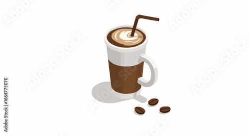 Isometric Coffee Drink Illustration with Straw and Coffee Beans. Iced Latte or Frappe Beverage in a Mug. Cafe Menu Graphic Element.
