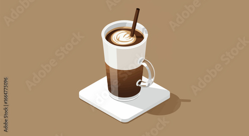 Isometric Latte Coffee Drink with Latte Art and Straw Illustration. Perfect for Cafe Menus and Beverage Designs.
