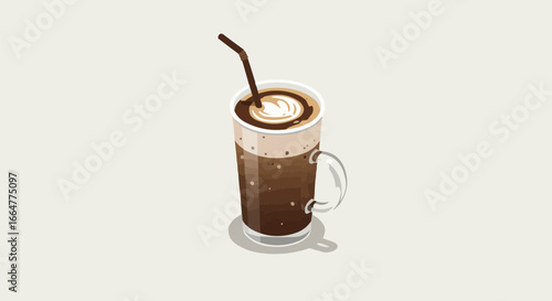 Isometric Iced Coffee Latte Illustration with Foam Art and Straw in Glass Mug on White Background
