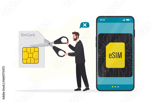 Transition from standard sim card to eSIM. Male character uses scissors and cutting simcard. Wireless mobile technologies, development of telecommunications.