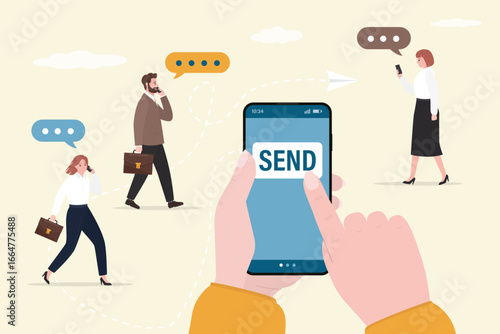 Social network marketing concept and digital business on mobile phone concept. Businesswoman uses smartphone and send marketing email or messages for followers.