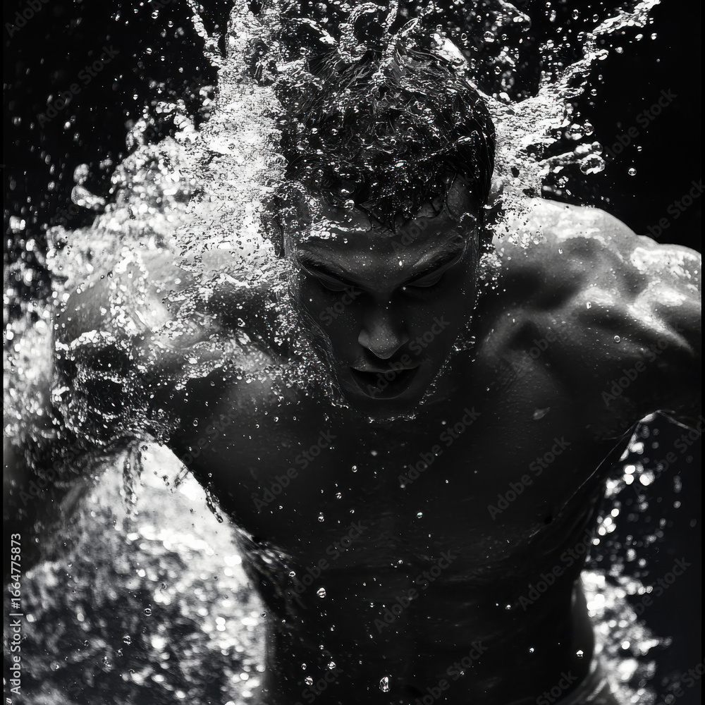 Fototapeta premium Swimmer emerging from the pool, water droplets mid-air, athletic physique, intense focus, professional sports energy, close-up dramatic lighting, isolated sports photography. 