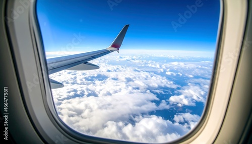 Airplane wing viewed from porthole above fluffy cloudscape under a bright blue sky