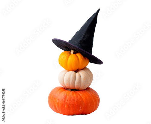 Halloween pumpkin stack with witch hat on transparent background, PNG