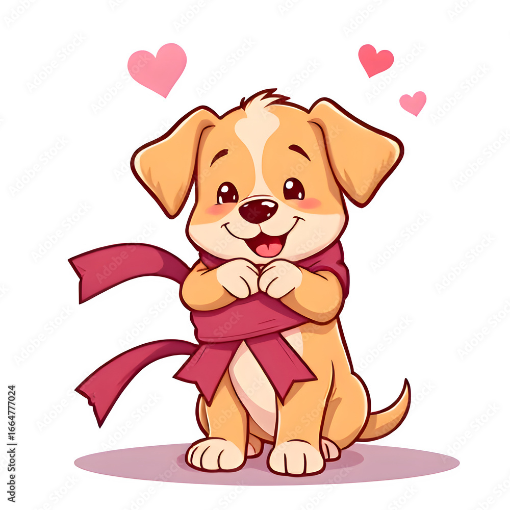 Fototapeta premium Cartoon Ribbon Hugging Puppy