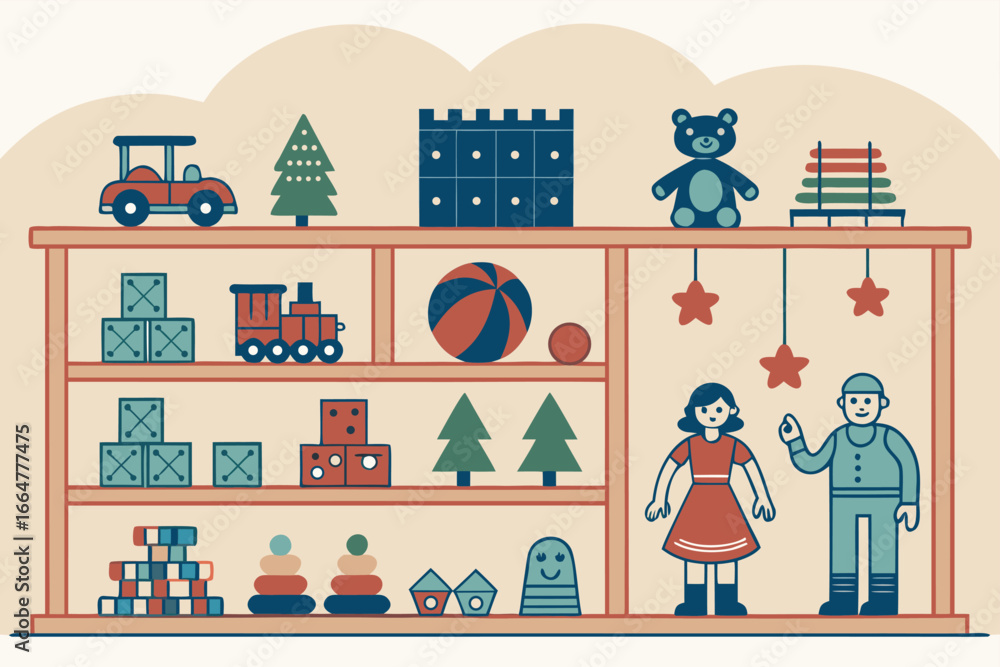 Fototapeta premium Toy store shelves overflow with action figures and dolls.