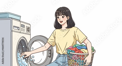 Cheerful woman doing laundry washing colorful clothes at home